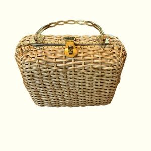 Woven Mini Handbag in Natural Rattan with Gold Hardware
